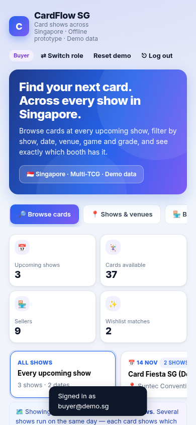 CardFlow buyer view on mobile: search results with prices and deal tags